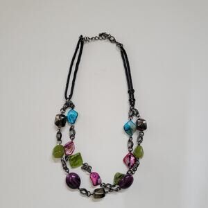 Colorful Beaded Statement Necklace Chain Links Multicolor Bold Fashion Jewelry